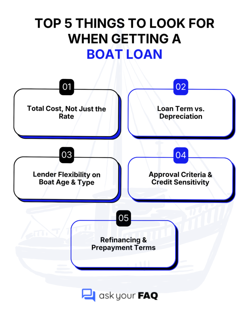 Infographic: “Top 5 things to look for when getting a boat loan” covering total cost, term vs depreciation, lender flexibility, approval criteria, and prepayment.